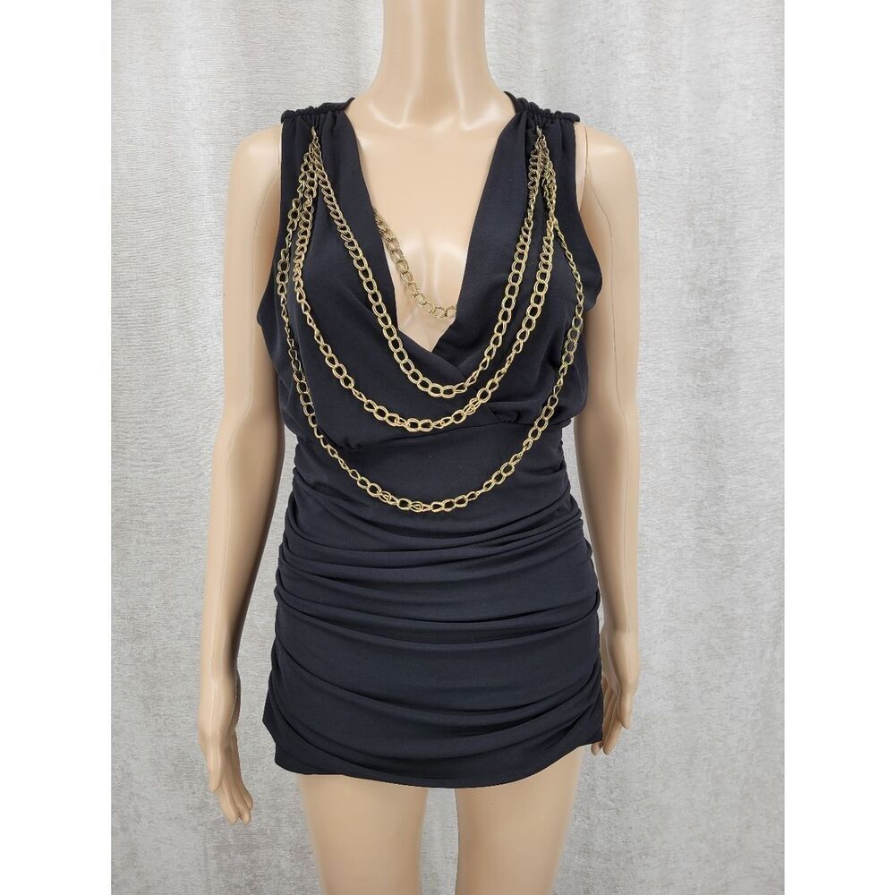 Cache Y2K Black Draped Chain Detail Cowl Neck Ruched Tank Top